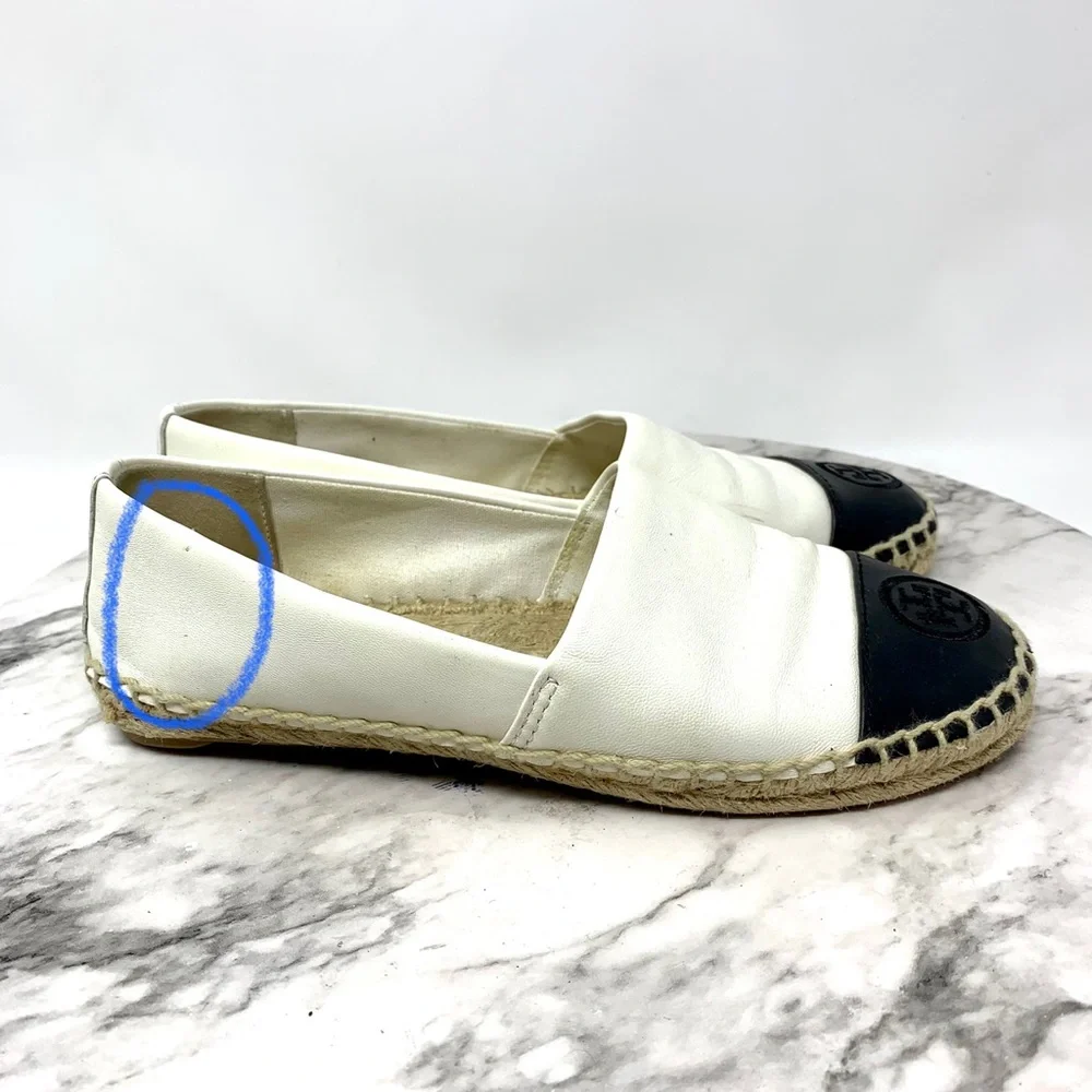 Tory Burch Color-Block Black/Cream Leather Espadrilles 6 Euro Summer Classic